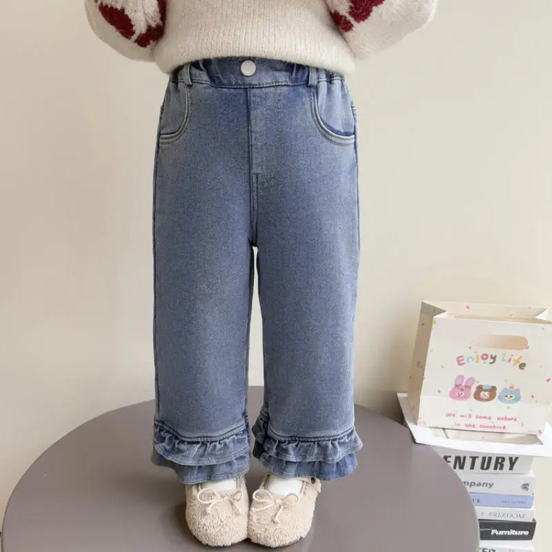 Girl Thicken Jeans Autumn Lace Straight-Leg Pants Child Versatile Keep Warm Kawaii Fashion New Style Casual Clothing Homewear