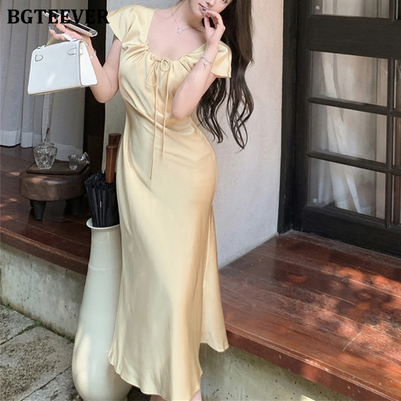 BGTEEVER エレガントなレースアップ半袖女性固体マーメイドドレス春夏ヴィンテージスリム女性パッケージヒップサテンドレス