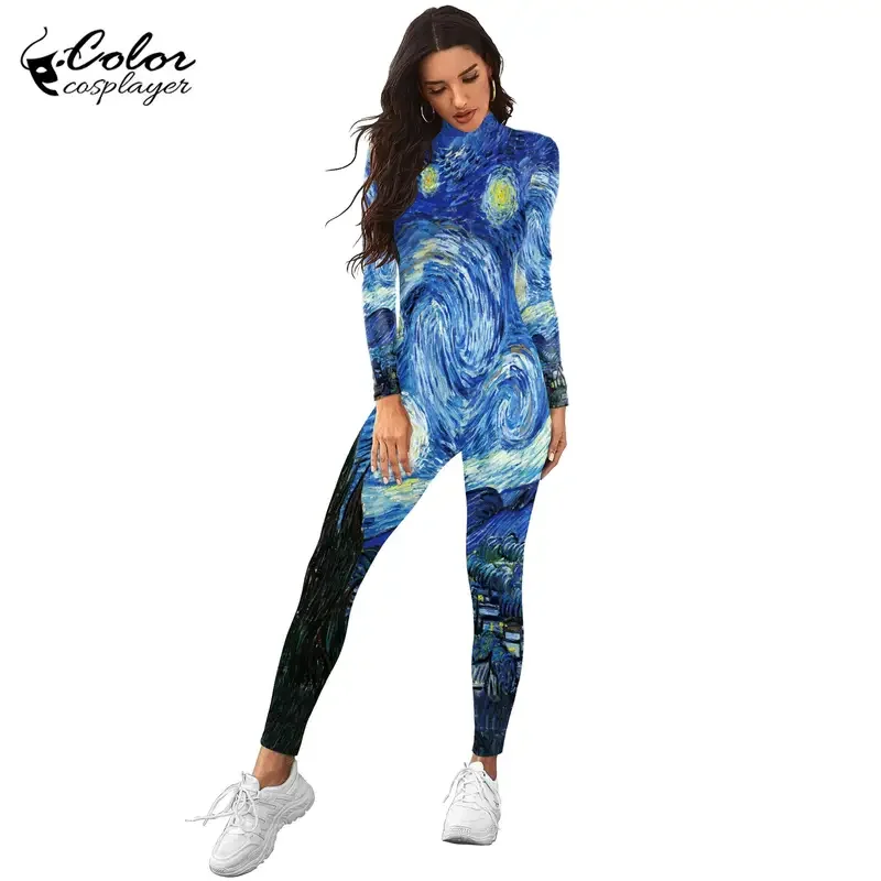 Colore Cosplayer Tuta da donna Van Gogh Cielo stellato Mondo Pittura Stampato Costume cosplay Catsuit Donna Zipper Zentai Body