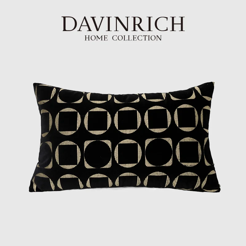 DAVINRICH Modern Upholstery Cushion Cover Solar Eclipse Black Gold Geometric Embroidery Luxury Pillow Case For Villa Hotel Decor