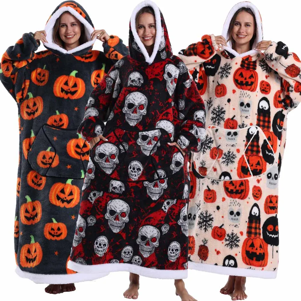 Wearable Blanket Hoodie with Sleeves Winter Oversized Blanket for Adults Extra Long Halloween Pajamas Pumpkin Skull Home Clothes