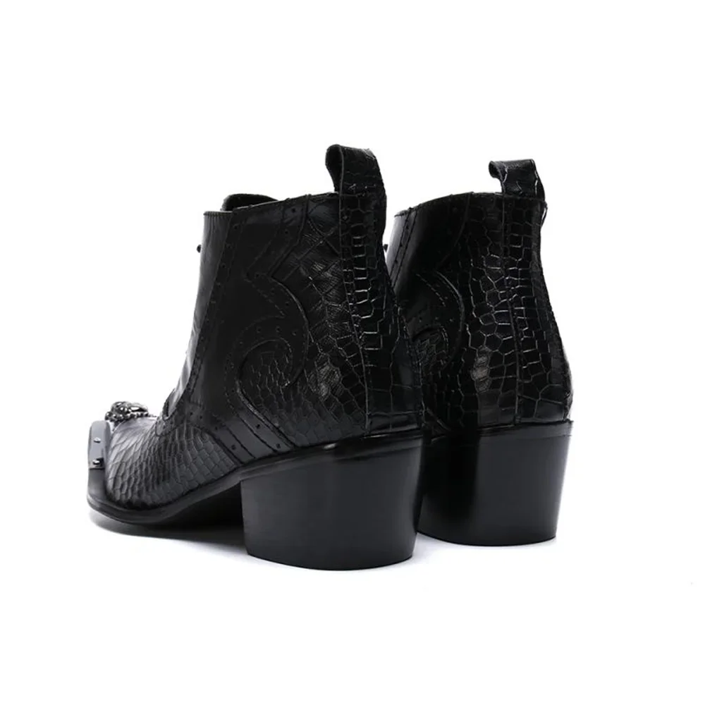 Black Lace-Up With Metal Genuine Leather High Heels Pointed Toe Boots Male Plus Size Fashion Party Business Cowboy Dress Shoes