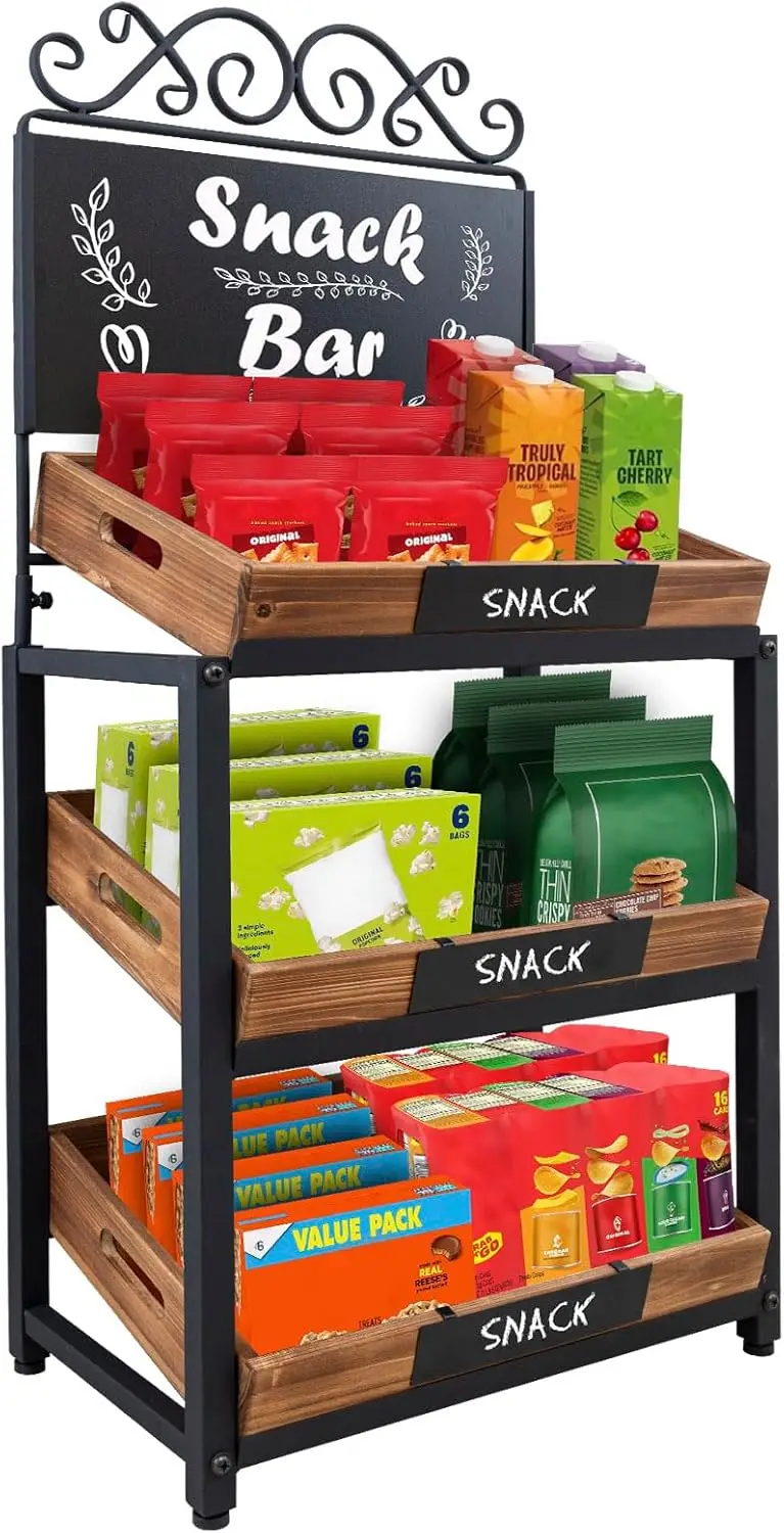 

Vintage 3-Tier Metal Display Stand with Wood Trays and Chalkboard Signs for Fruits, Bakery, and Retail