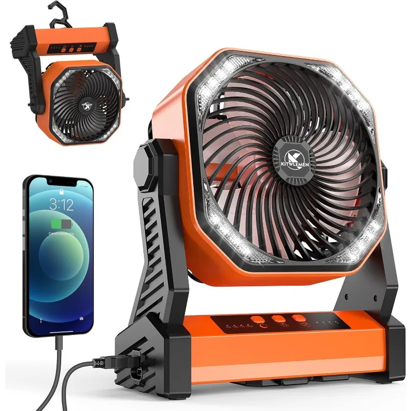 Camping Fan with LED Lantern, 20000mAh Rechargeable Battery Operated Outdoor Tent Fan with Light & Hanging Hook, 4 Speeds