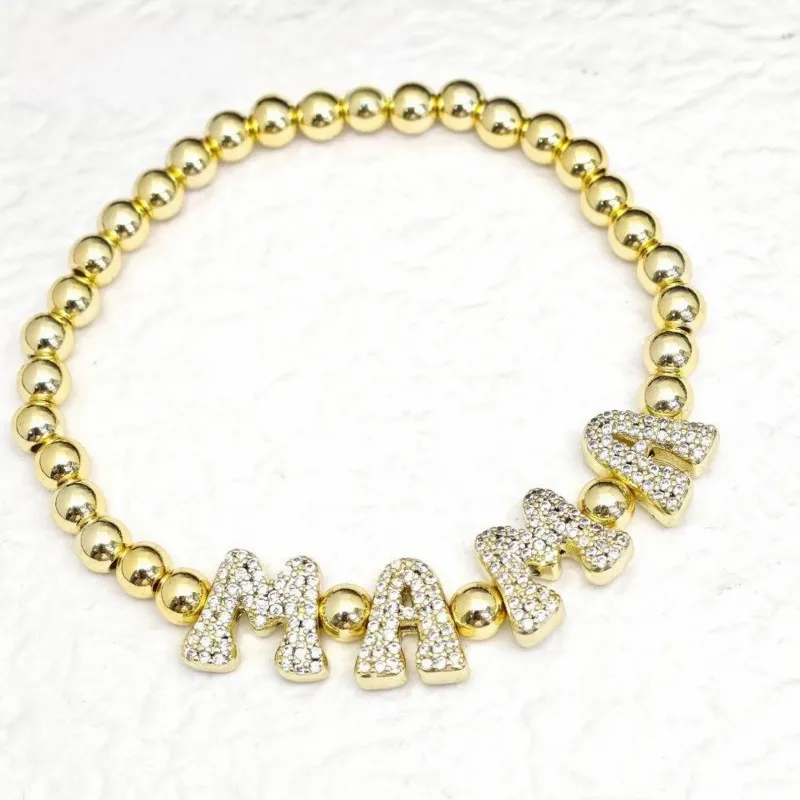 Custom Zircon Name Bracelet 3D Bubble Letter Golden beads Bracelet Name Pendant 26 Initial Letter Jewelry for Her Gift For Mom