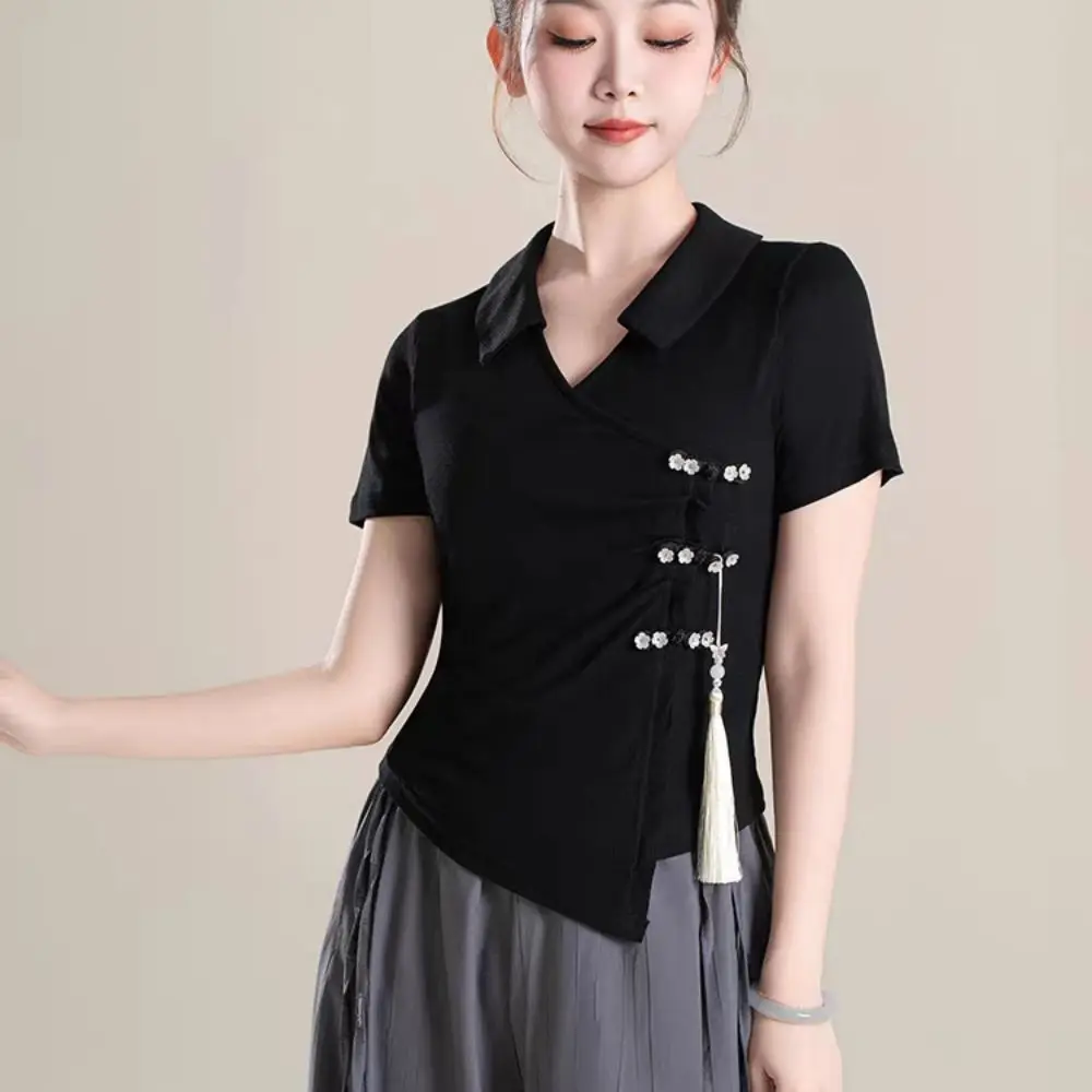 

Tassel Pendant Irregular V-neck T-shirt Flower Button Lapel Women's Slim Crop Tops Chinese Style Streetwear