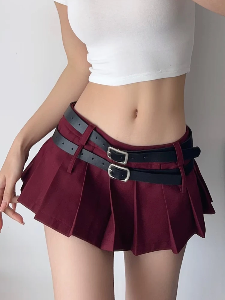 PUWD Casual Women Grey With Double Belt Pleated Mini Shorts Skirts 2023 Summer Vintage Low Waist Solid Color Female Chic Bottoms