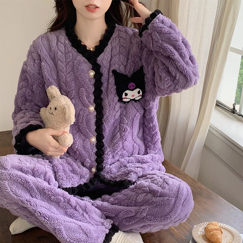 Sanrio Kawaii Kuromi Pajamas Anime Cartoon Melody Cinnamoroll Pochacco Plush Homewear Sleepwear Girl Autumn Winter Nightwear Set