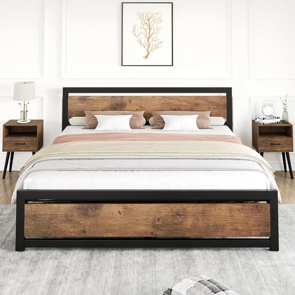 

GAOMON Queen Size Bed Frame with Wood Headboard, Industrial Queen Platform Bed with Heavy Duty Slat Support,No Box Spring Needed