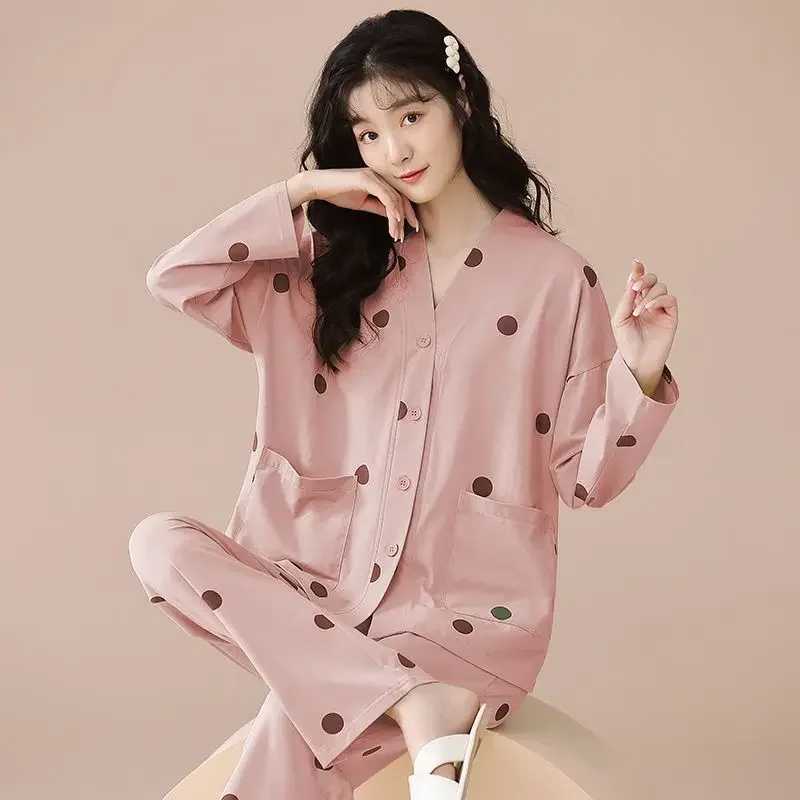 Pyjamas Women 100% cotton 2025 New Pajamas Women's Spring and Autumn Long-sleeved Sweet Fashion Cardigan V-neck Loungewear Set