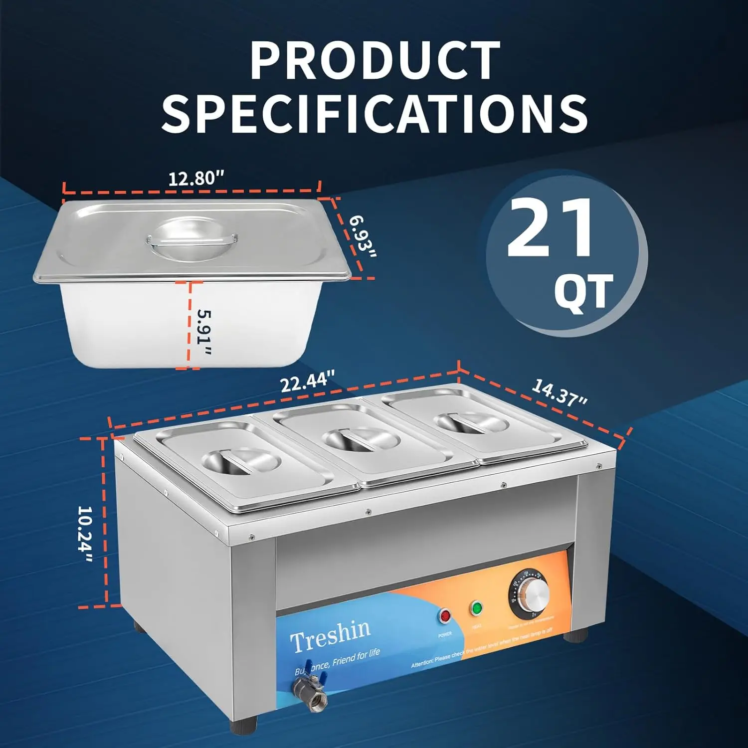 Commercial Food Warmer 21 Qt Capacity 1200W Stainless Steel Electrical Bain Marie Buffet Food Warmer Steam Table with Temperatur