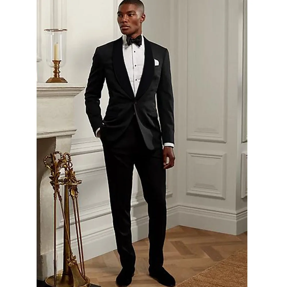 

Solid Black Men Suit Shawl Lapel Single Breasted Two-pieces (Jacket+Pants) Slim Fit Business Banquet Terno Masculinos Completo