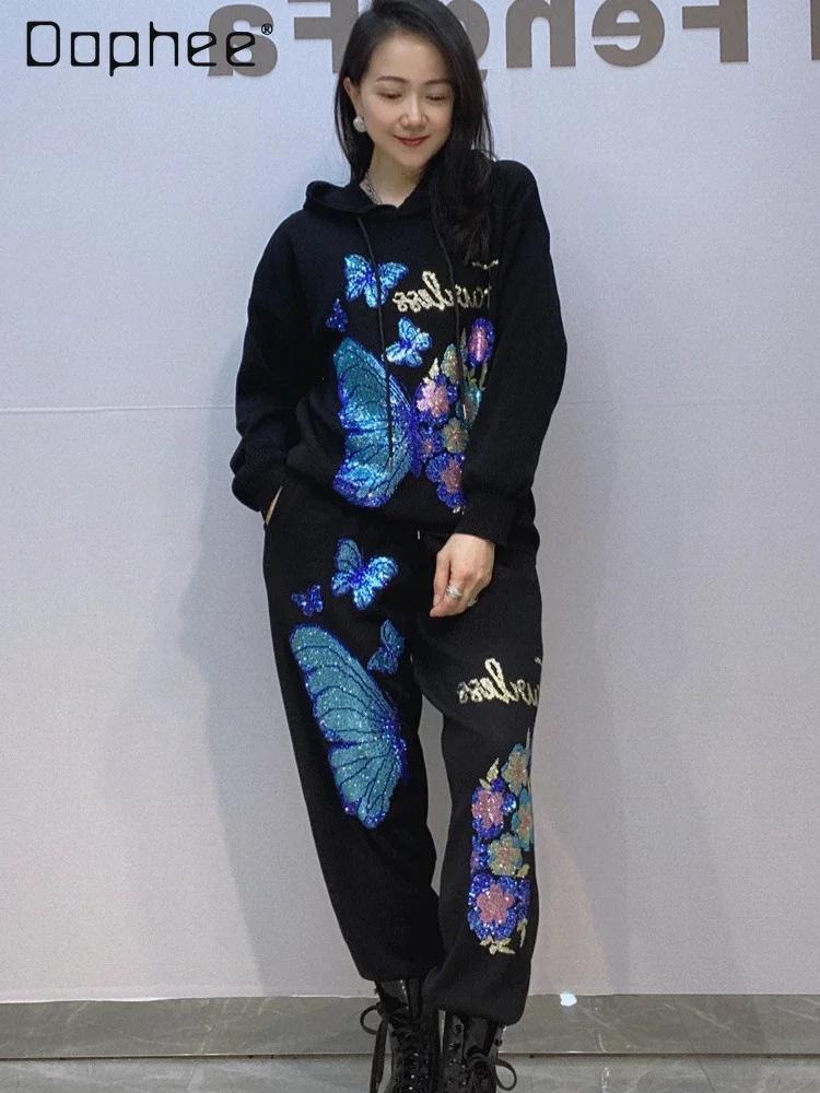 

2025 New Fashion Knitted Suit Women's Spring and Autumn Hooded Drawstring High Waist Casual Pants Two-piece Sets Hot Diamond