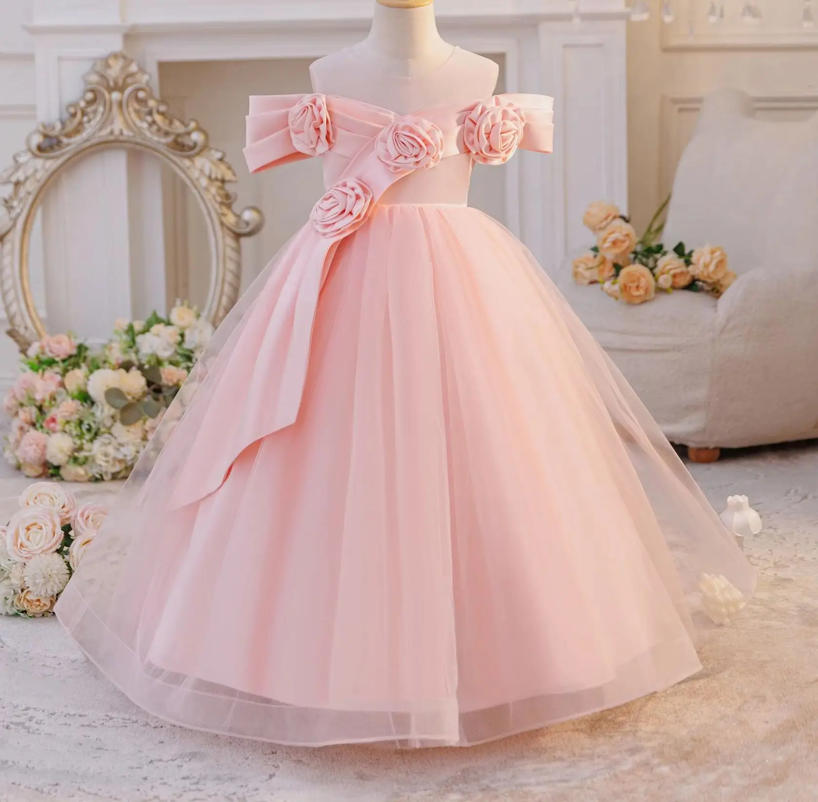 Flower Girls' Elegant Dress Girl Long Wedding Dresses Girl's Festive Clothes From 4 to 10 Years