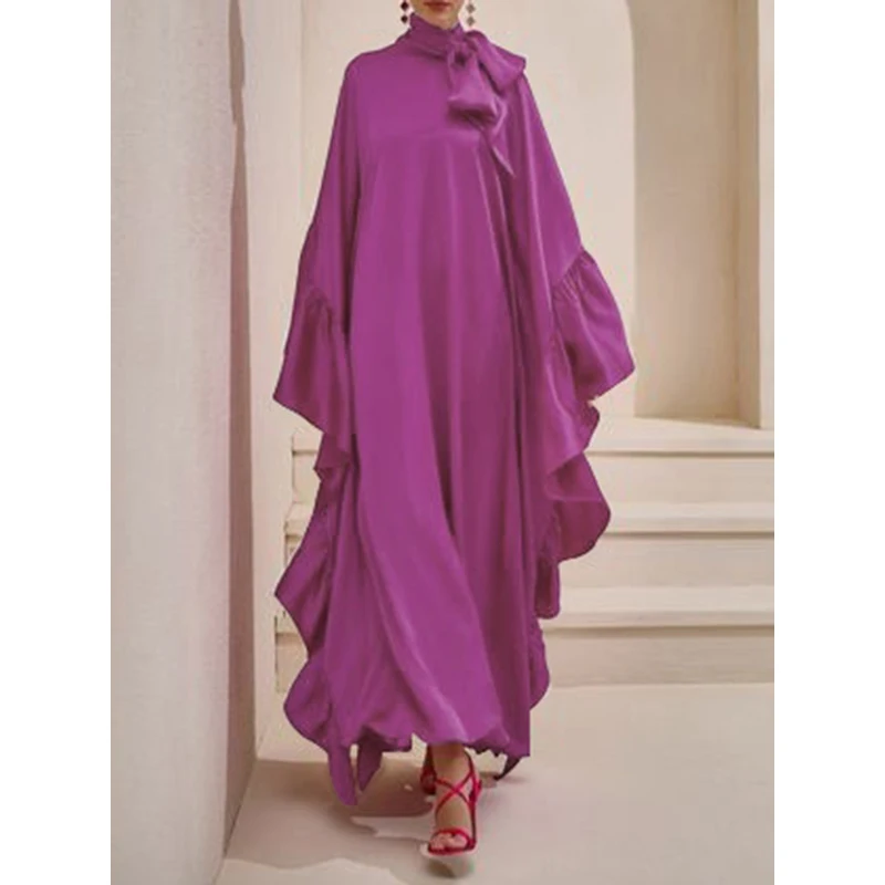 

Tinaa Maxi Long Dresses 2024 New Batwing Sleeves Loose Hollow Pleated Solid Color Split-Joint High Neck Evening Dresses