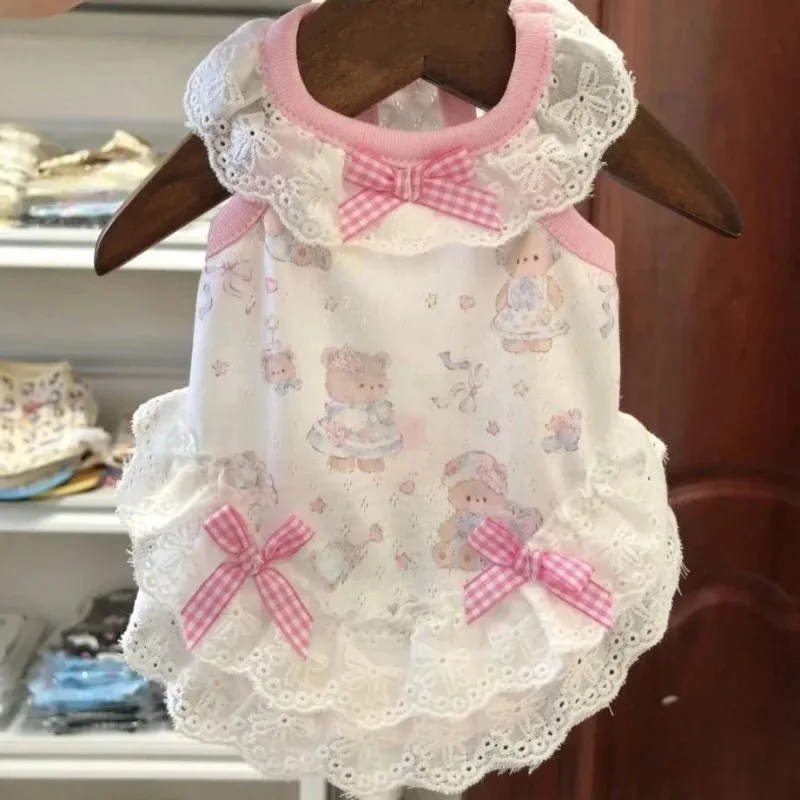

Pet Cute Bear Clothes Summer Lace Bow Dress Lightweight and Small Pet Lace Vest Teddy Top Dog Clothes for Small Dog Vest