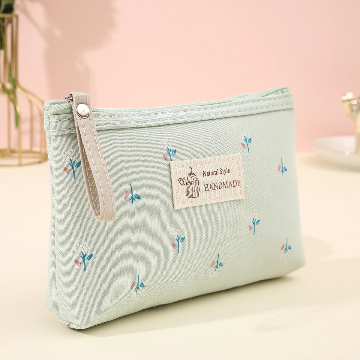 Canvas flower color printing cosmetic bag portable ladies small zipper storage bag multifunctional student coin purse