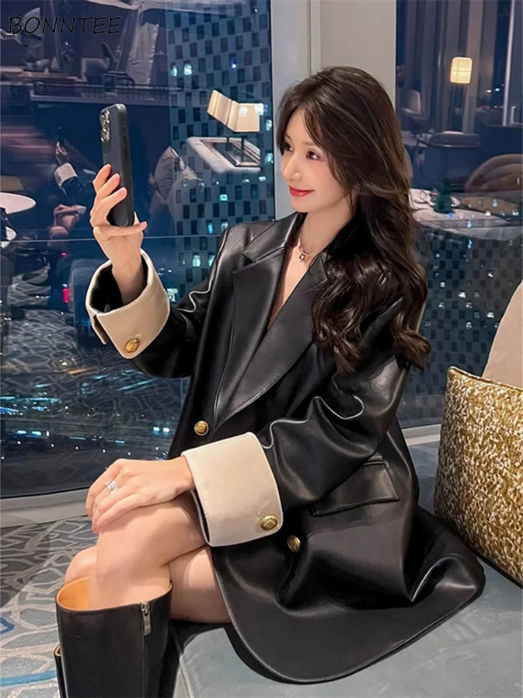 

PU Blazers for Women Casual Korean Fashion All-match Autumn Daily Panelled Office Lady Trendy Popular Classic Outwear Simple