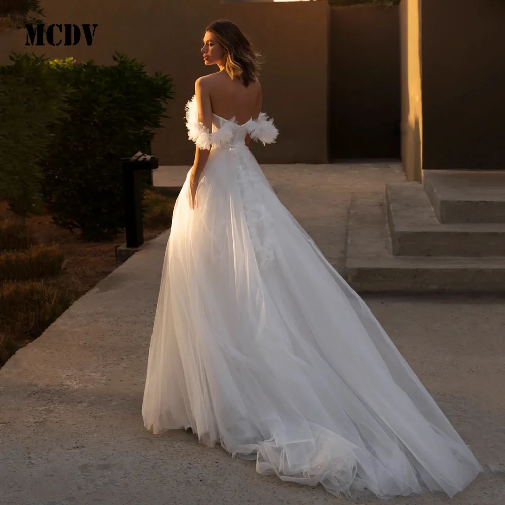 MCDV Flowers Wedding Dresses Tulle Strapless Off Shoulder Bridal Dress 2025 A-Line Wedding Gown Robe De Mairee ﻿Customized