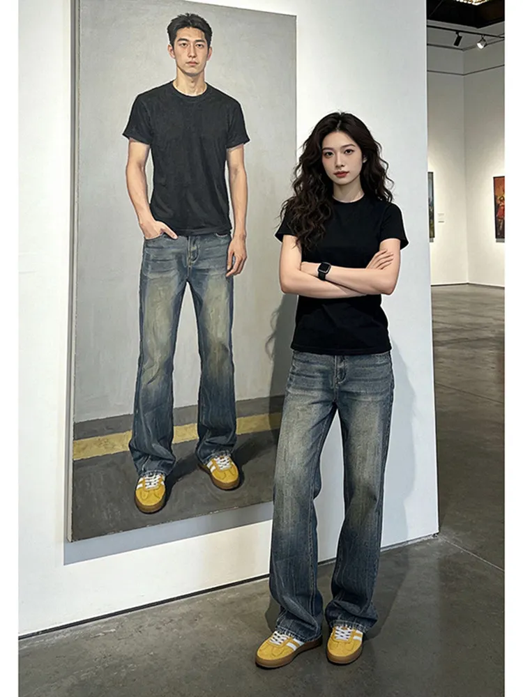 

Retro Lightning Pattern Bell Bot ey Cement Denim Jeans Men's Straight Leg Spring Faionable High Waist Straight Pants