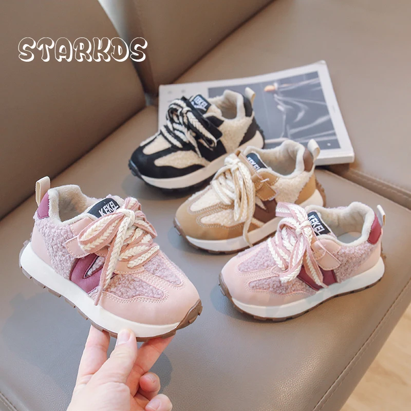 Kids Winter Warm Lambswool Sneakers Brand Design Lace Detail Girls Sport Shoes Thick Sole Furry Boy Skateboard Trainers Footwear