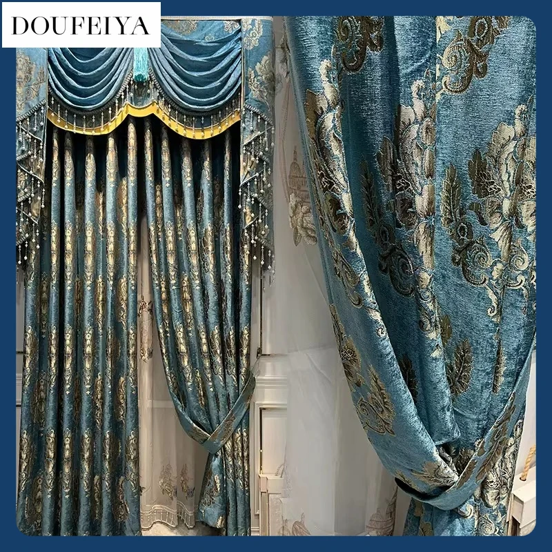 

European Chenille Blue Embroidered Valance Luxury Curtains for Living Room Bedroom Dining Blackout Custom Size Tulle Window
