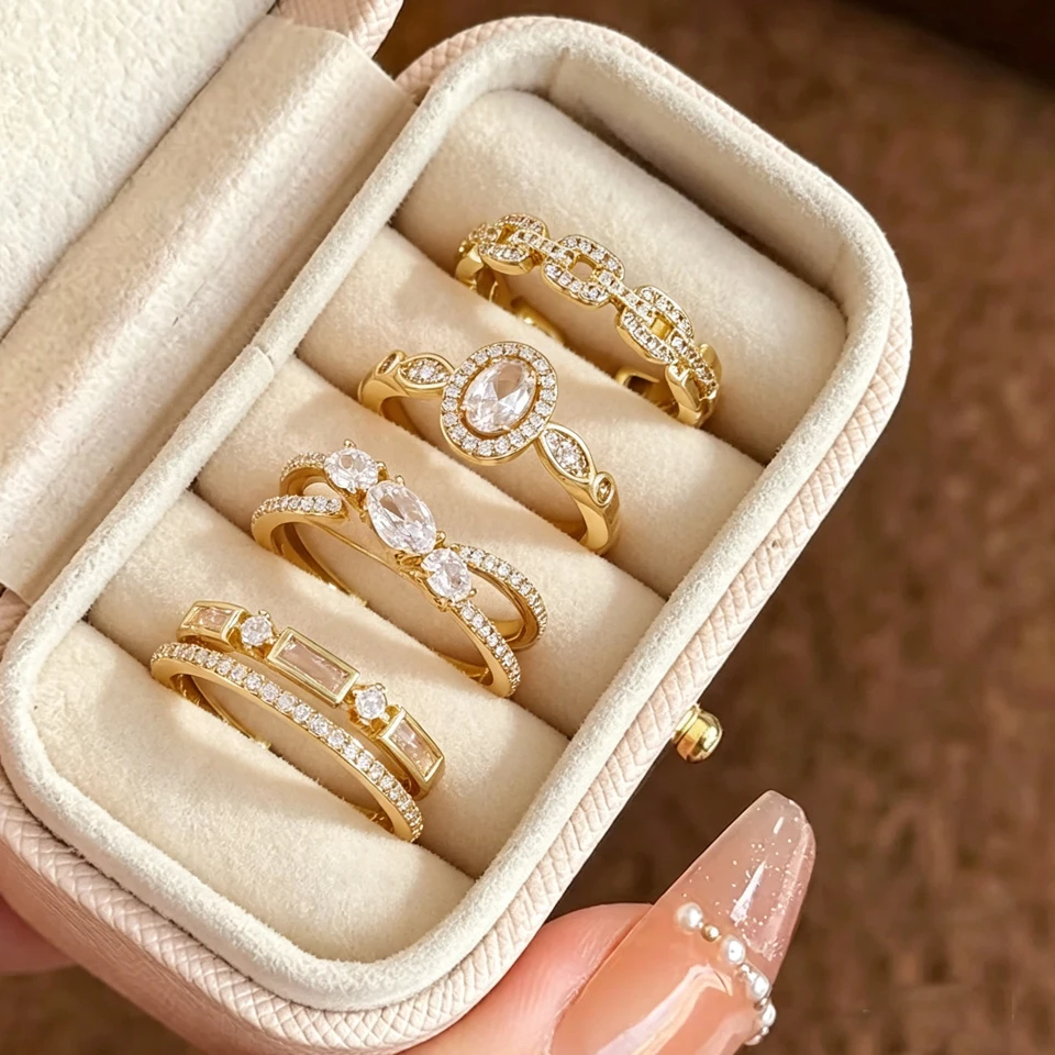 ZAKOL 5 Styles Golden Gorgeous Zircon Open Rings for Women Shining Geometric Crystal CZ Engagement Proposal Ring Gift