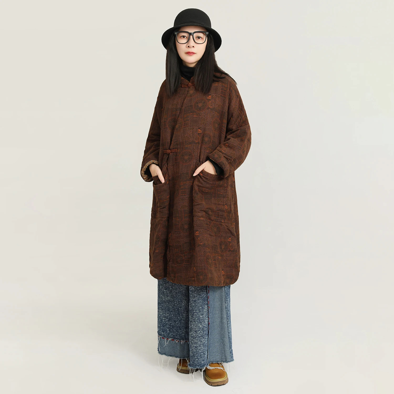 

LZJN Women's Vintage Ethnic Stand-collar Frog Button Printed Mid-length Loose Quilted Warm Cotton Jacket, Winter New Arrival