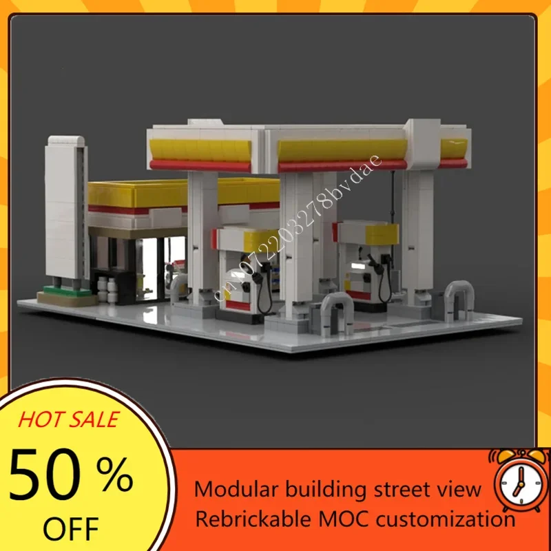 

1702 шт., корпус, АЗС, модульная MOC, креативная модель с видом на улицу, головоломка на заказ, архитектура, сделай сам, образование, сборная модель, подарки