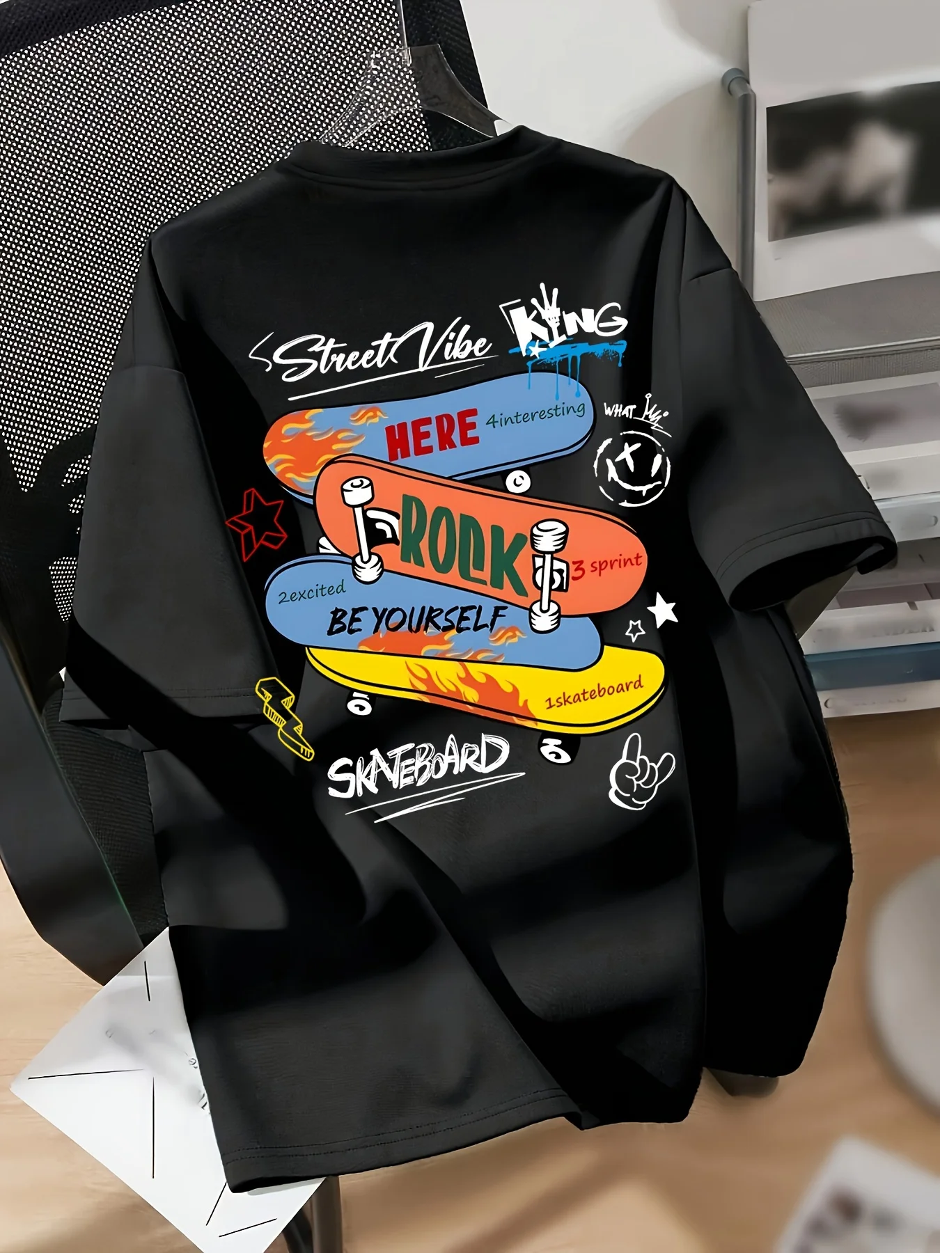 

Skateboard Print Crew Neck T-shirt, Comfy Drop Shoulder Short Sleeve Casual Top For Summer & Spring, Women's Clothing