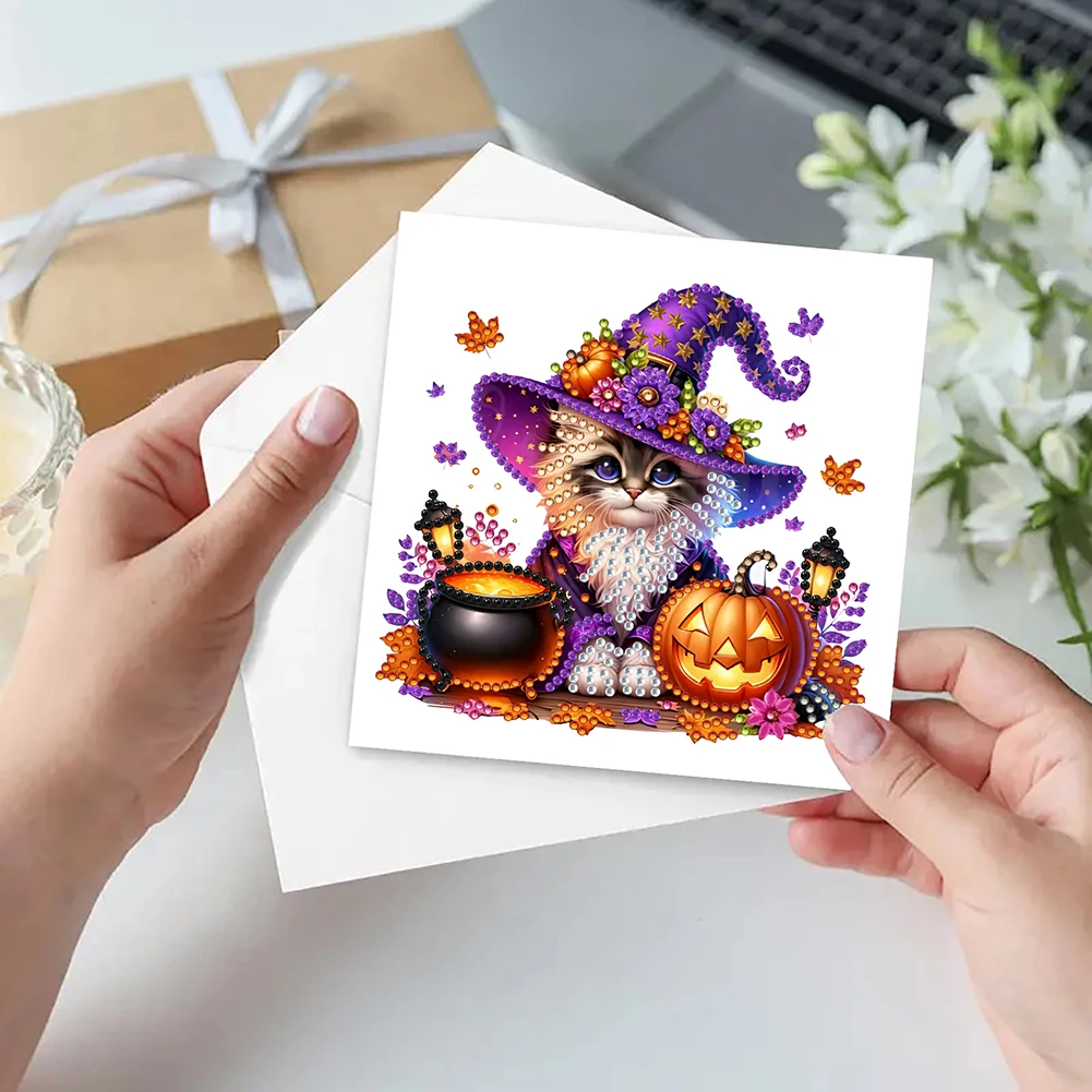 

6PCS DIY Diamond Painting Greeting Card Set Halloween Designs Rhinestone Diamond Art Mosaic Postcards for Halloween and Holidays