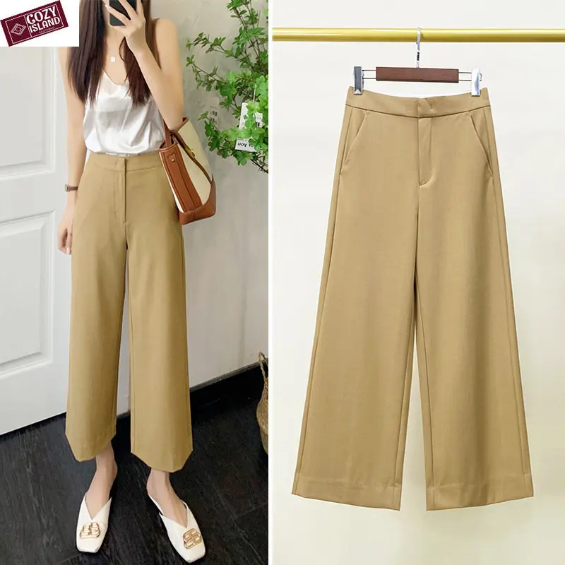 

Women Khaki Suit Cropped Pants Summer Casual Wide-leg Nine-point Trousers Loose Drape Wide Leg Capris Clothes Ankle-LengthBottom