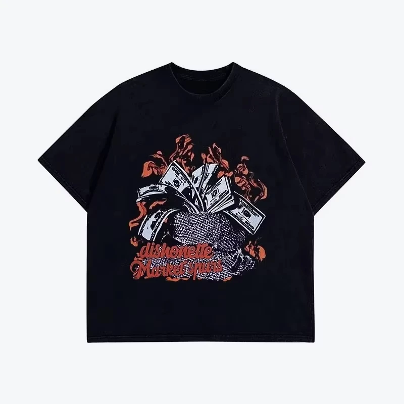 

2025 New Original American-style Fashion Brand Dull Black Hoodie Troubles Short-sleeved Men and Women Retro Half-sleeved T-shirt