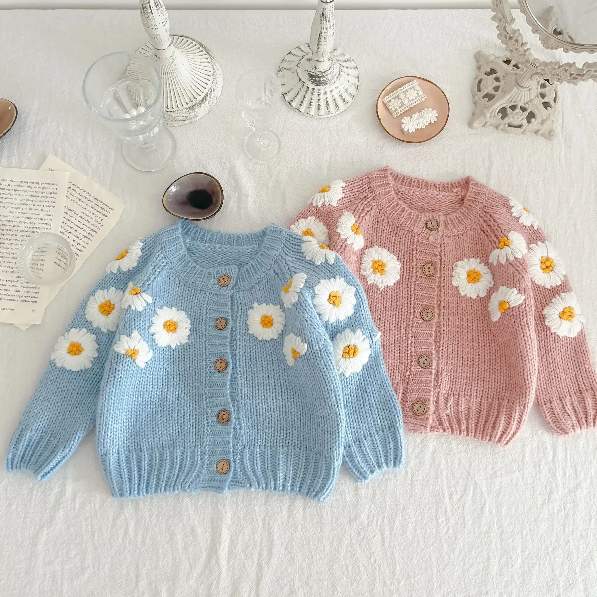 Autumn Baby Handmade Embroidered Cardigan Sweater European and American Trendy Long Sleeved Baby Cardigan Daisy Top