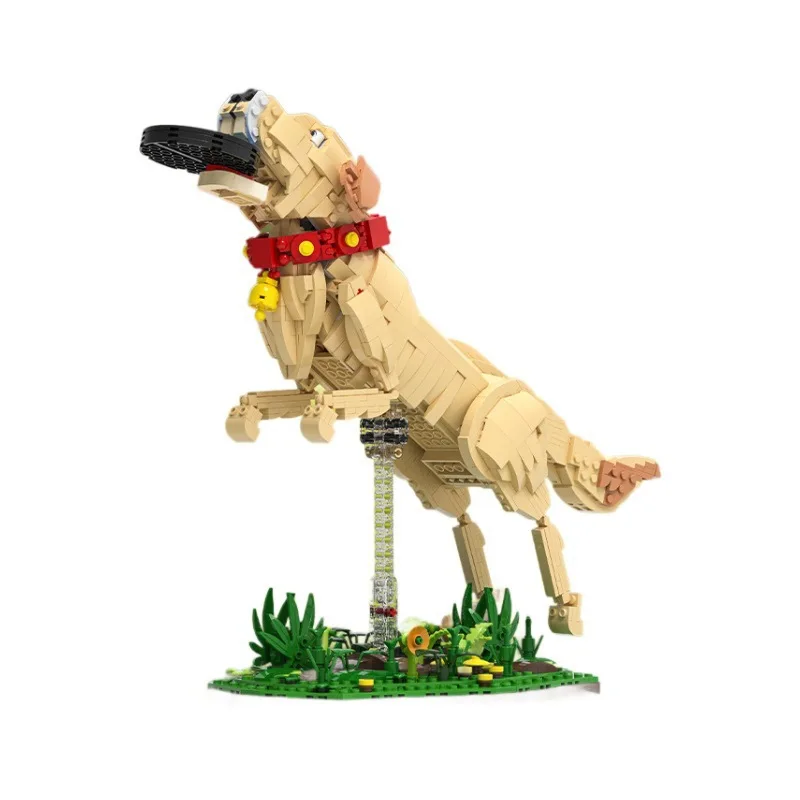 Zestaw konstrukcyjny 1257 elementów, labrador retriever, skaczący pies z latającym dyskiem w ustach, animowany model zwierzaka, prezent dla wszystkich grup wiekowych