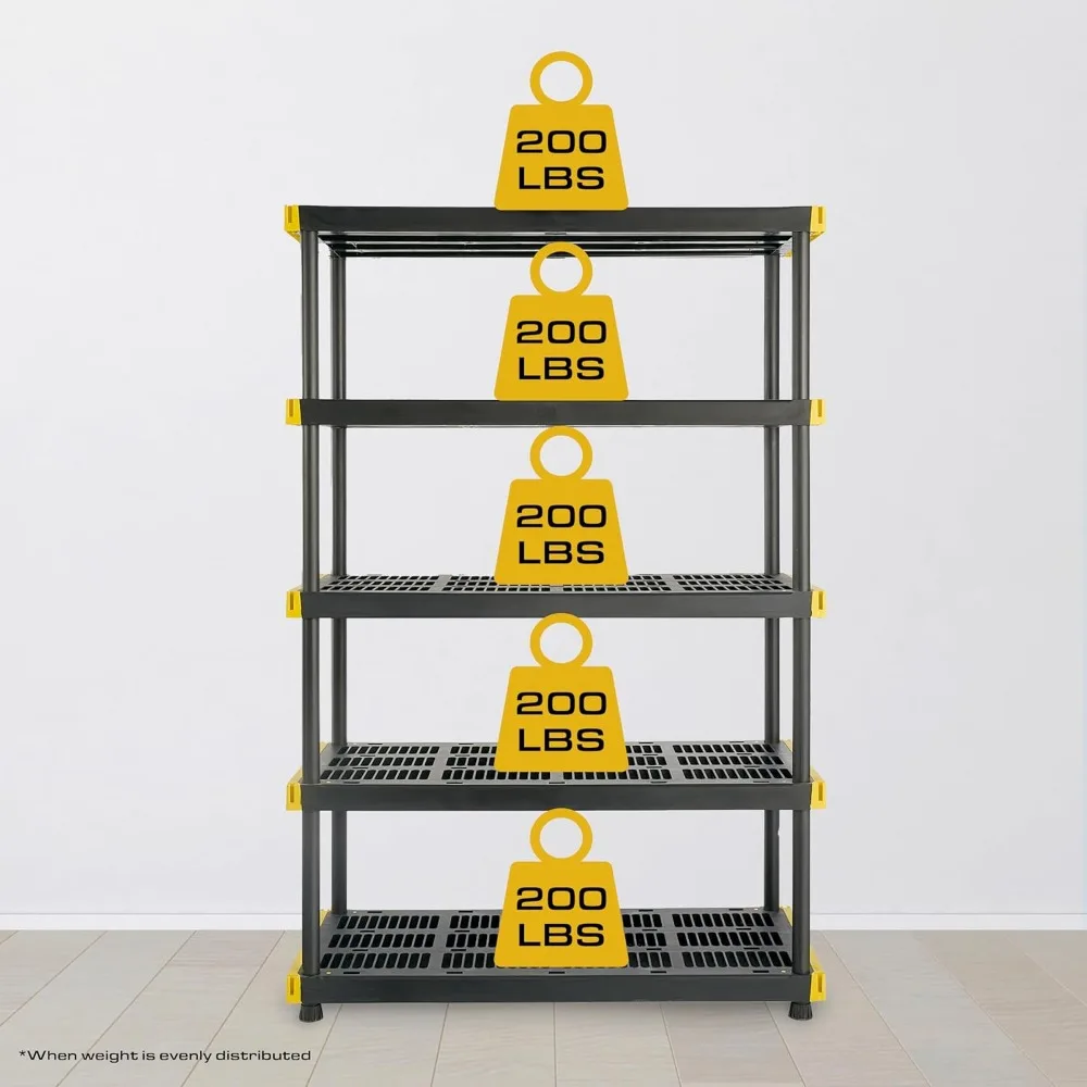Heavy-Duty 5-Shelf Plastic Storage Unit, 200lbs Capacity, 72H x 48W x 20D, Suitable for Indoor and Outdoor Organization