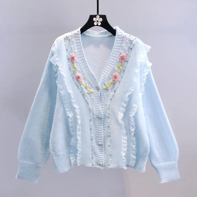 Vintage Floral Embroidery Knittsd Cardigan Women Autumn Sweet Fashion Sweater Coat Korean Preppy Style Lolita Lace Sweater Coat