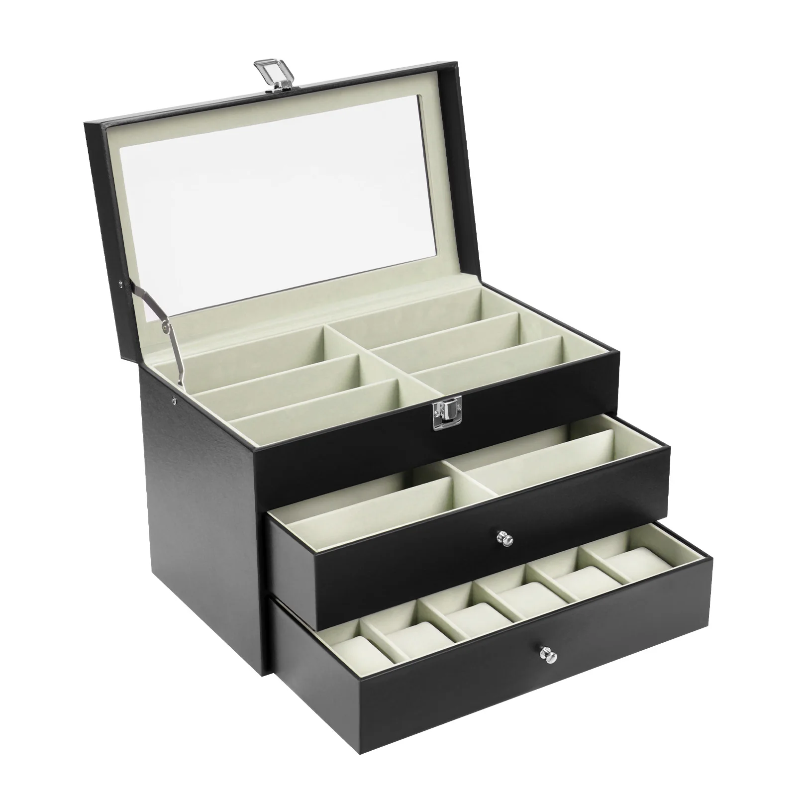 Caja para Relojes y Gafas de 3 Niveles, Rectangular, Ajustable, con Cierre Metálico y Tapa de Vidrio Grande, para 12 Gafas de Sol y 12 Relojes