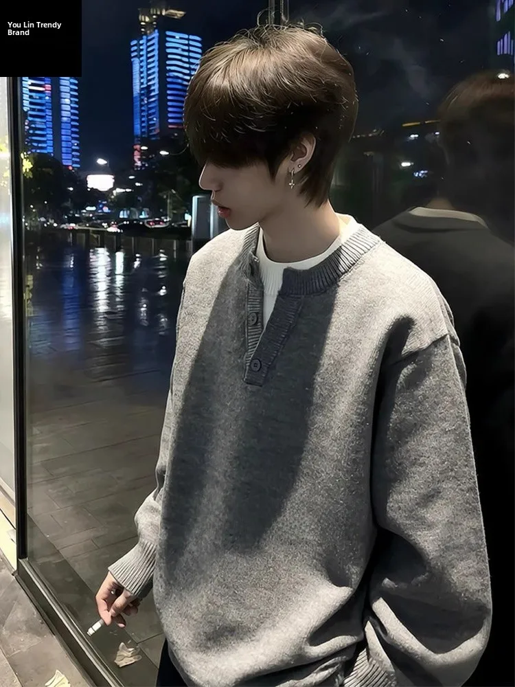 

Мужской трикотажный свитер American Style с имитацией двухслойности, воротником Хенли, зимний, на флисовой подкладке, с круглым вырезом, базовый, повседневный, комфортный, мягкий.