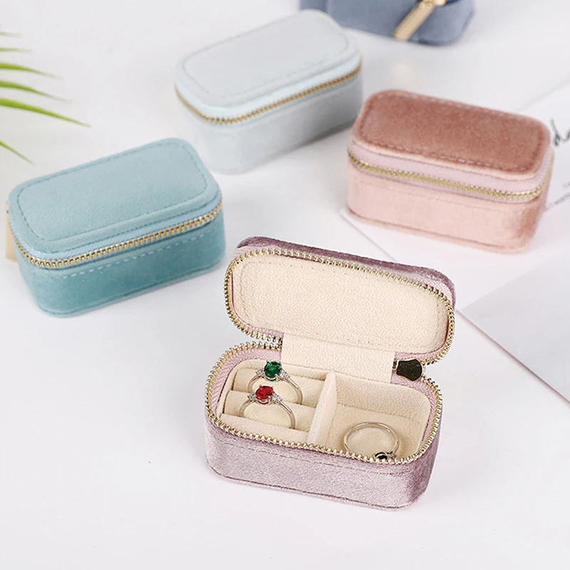 1PCS Mini Velvet Ring Box Single Layer Earrings Necklace Organizer Jewelry Storage Case Candy Color Zipper Bag Travel Portable