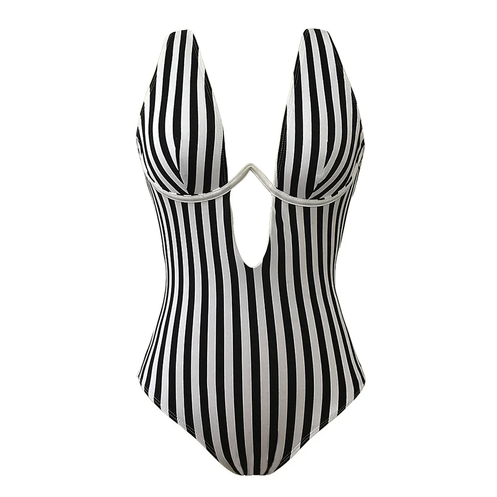 S - XL V Shape Wire Striped Women Swimwear One Piece Swimsuit  Female V-bar Underwired Bather Bathing Suit Swim Monokini V472