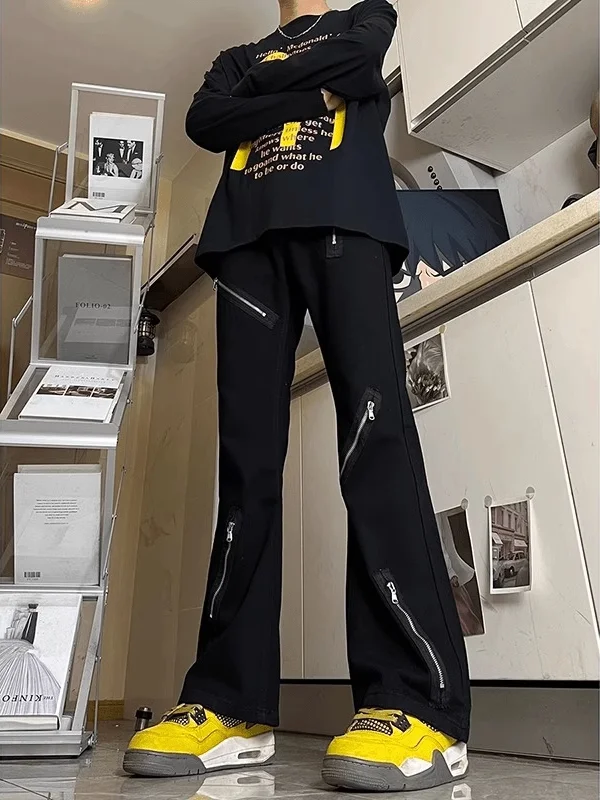 

Мужские джинсы прямого кроя большого размера с множеством молний, повседневные, износостойкие, молодежный стиль, уличная мода