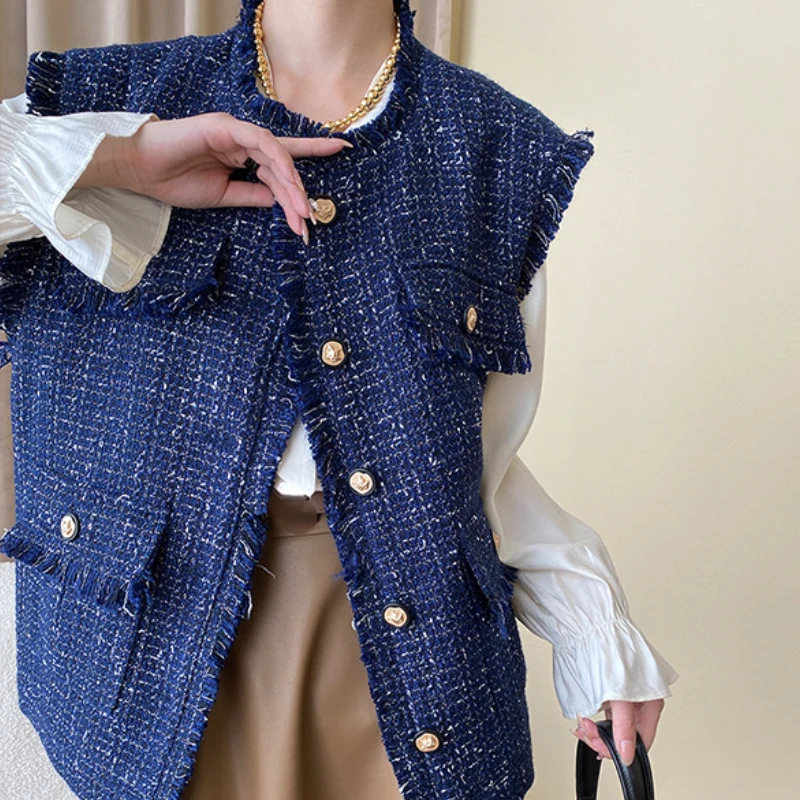 Chic Vintage Small Fragrance Style Tweed Vest Coat O-neck Single Breasted Raw Edge Sleeveless Jacket Korean Autumn Waistcoat