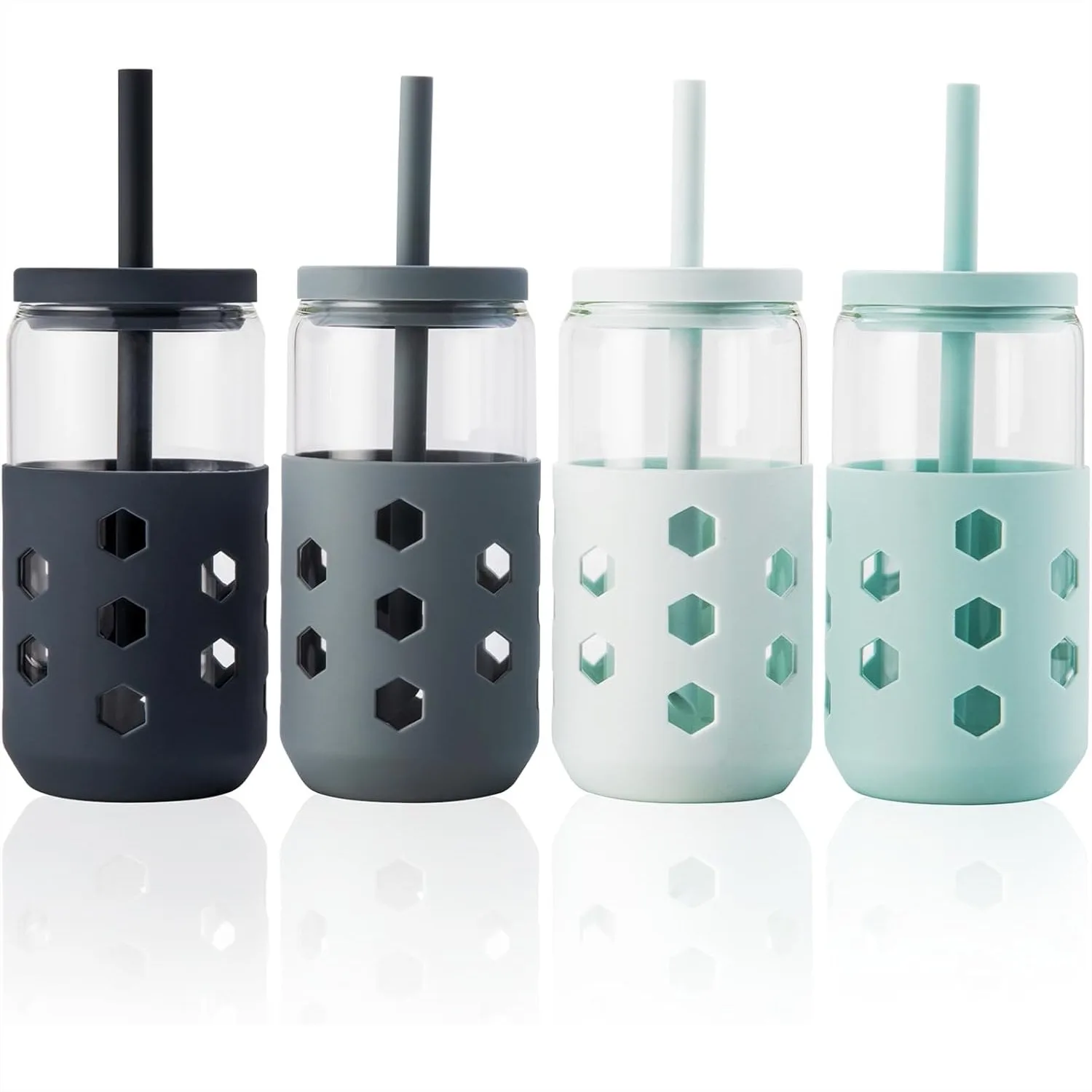 

Glass Cups with Lids and Straws 4 Pcs, 16oz Tumbler with Silicone Sleeve for Coffee, Smoothie, Iced Drinks