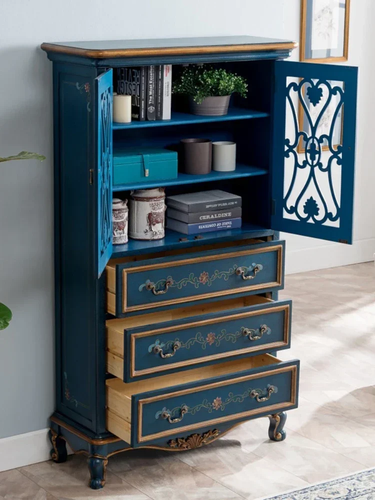 Solid Wood Vintage Blue Painted Wine Cabinet Sideboard Cabinet Hollow Locker Living Room Clothes Closet