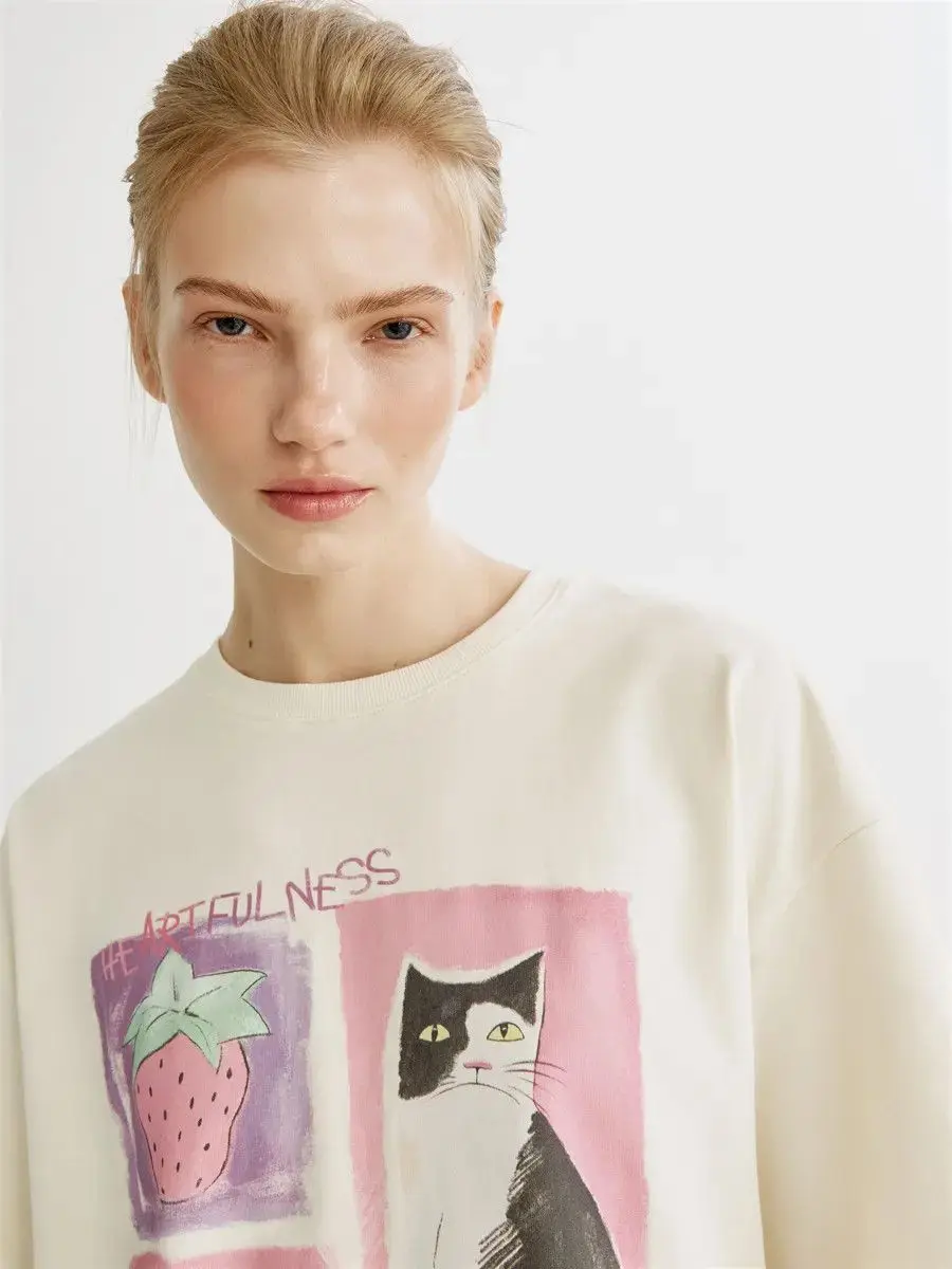 Pure Cotton Hand-Drawn Cat Art Print Oversized T-Shirt | 