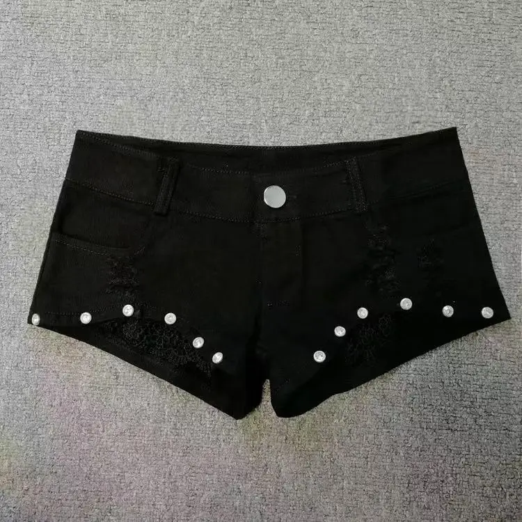 

Women Y2K Black Denim Shorts Low Waist Lace Trim Rhinestone Decor Distressed Mini Hot Pants for Streetwear Party Clubwear Summer