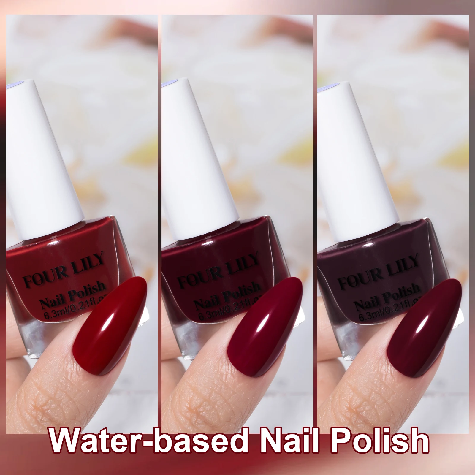 3Pcs Water-based Nail Polish Set 6.3ml Burgundy Wine Red Series Peel Off Removable Quick Dry Regular Nail Varnish No UV Lamp