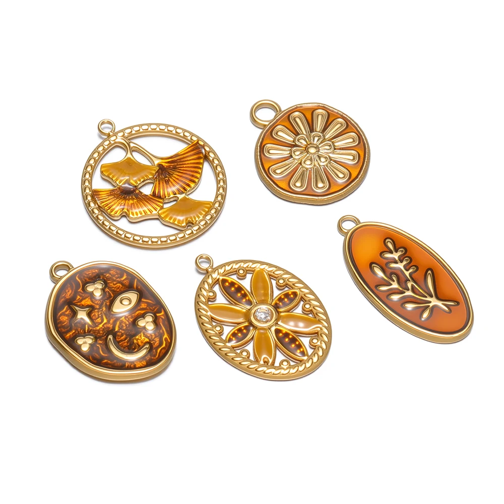 5 Stück Edelstahl-Anhänger mit transparenter Emaille, Pflanzen- und Blumenmotiven, für DIY Bohemian-Halsketten, Ohrringe und Schmuckherstellung – Detail 3