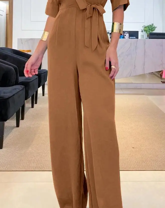 New Style 2024 Women's Jumpsuit Early Spring Casual Simple Half Sleeve Wide Leg Work Long Jumpsuit Temperament Commuting